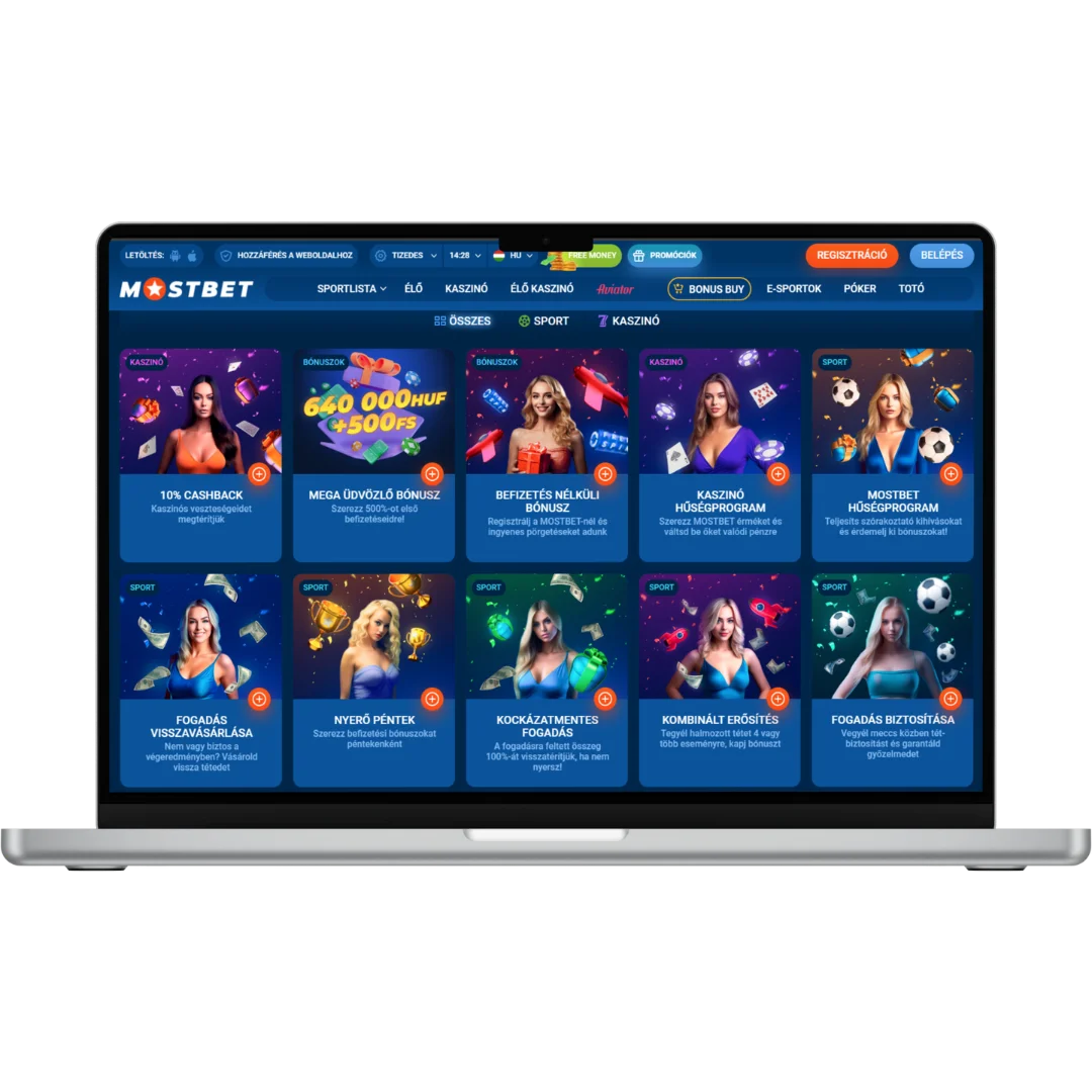 Képernyőkép a Mostbet mobil alkalmazás felületéről, amely a sportfogadás és kaszinó opciókat mutatja